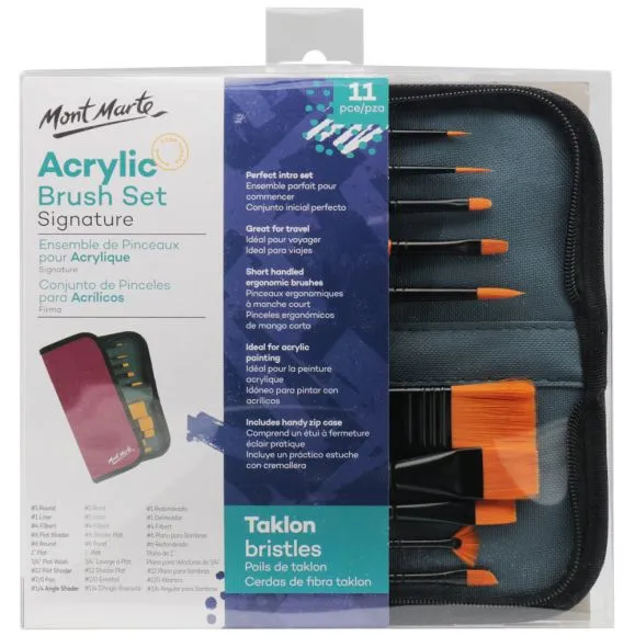 Set de 10 Pinceles de Fibra de Taklon + Estuche (Para Acrílicos) Mont Marte Signature BMHS0030