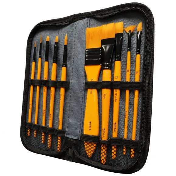 Set de 10 Pinceles de Fibra de Taklon + Estuche (Para Acrílicos) Mont Marte Signature BMHS0030
