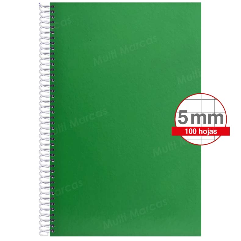 Cuaderno Artesanal de 100 Hojas, Tamaño Oficio Cuadrícula 5 mm. Anillo Plástico, Tapa de Colores Plenos
