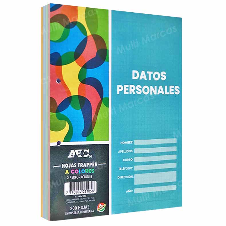 Paquete de 200 Hojas para Trapper a Colores Tamaño Carta 2 Perforaciones ABC HTPABC016