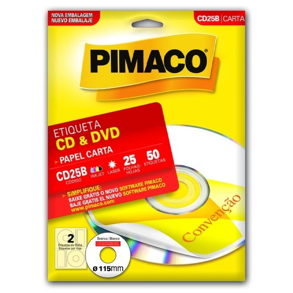 Paquete de 50 Etiquetas Adhesivas de Uso Manual e Impresora InkJet (Inyección a Tinta Líquida) y Laser Para CD y DVD, 115 mm de Diámetro, Hojas Tamaño Carta  - CD25B - PIMACO