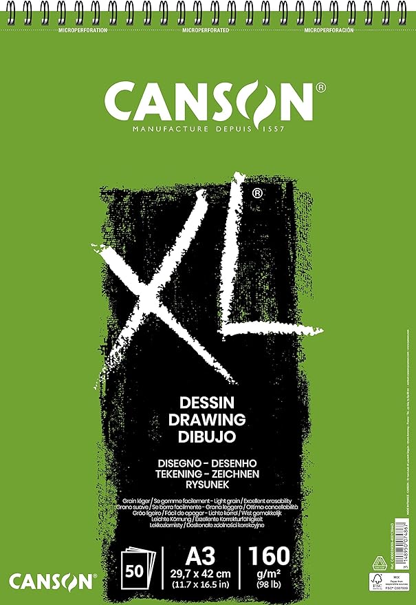 Block de Papel de Dibujo - CANSON DESSION DRAWING DIBUJO XL- Tamaño A3 con 50 Hojas de 160 g/m²