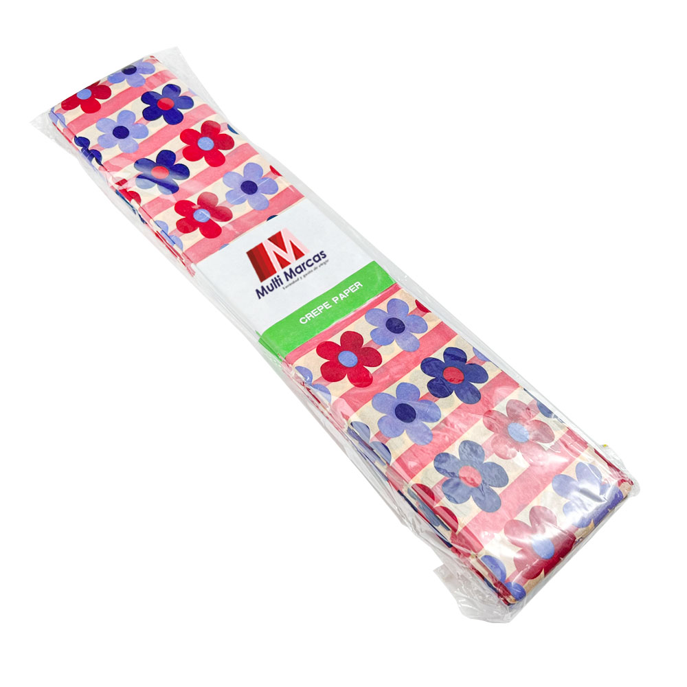 Rollo de Papel Crepé (50 x 150 cm) con patrón de Flores y Líneas de Colores